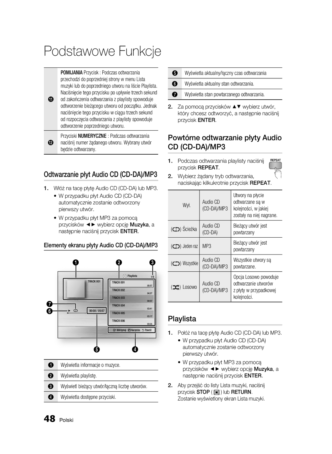 Samsung BD-C5500/XEF, BD-C5500/XEN, BD-C5500/EDC manual Powtórne odtwarzanie płyty Audio CD CD-DA/MP3, Playlista, Cd-Da 