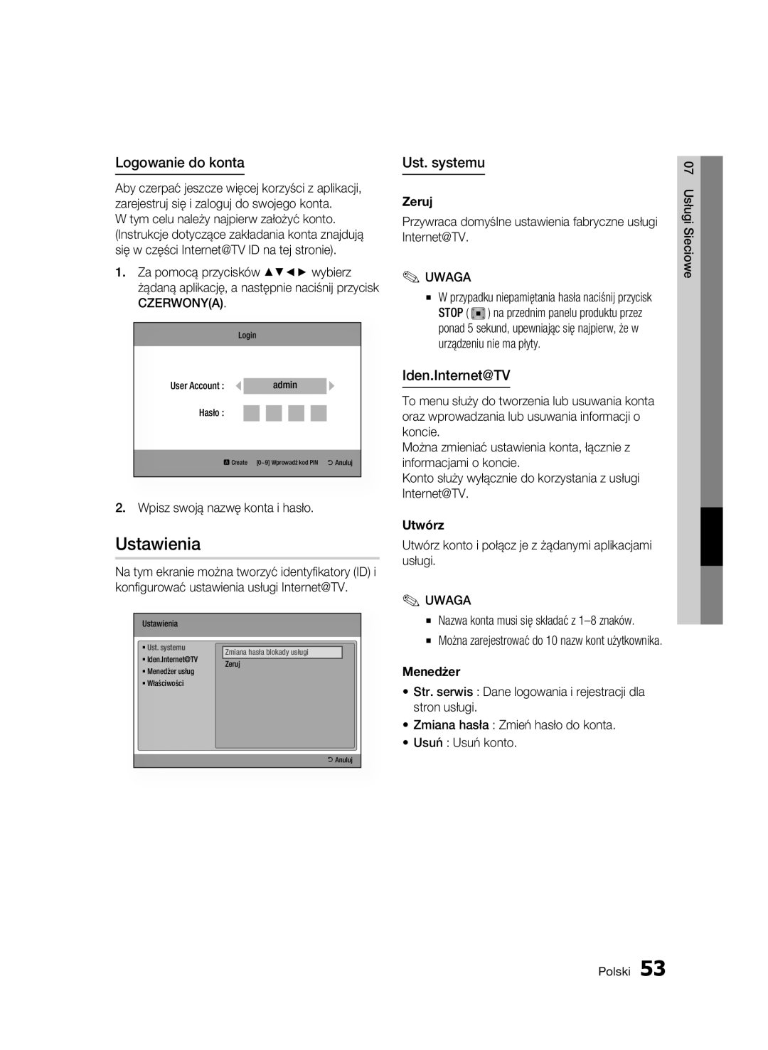 Samsung BD-C5500/XEF, BD-C5500/XEN, BD-C5500/EDC manual Ustawienia, Logowanie do konta, Ust. systemu, Iden.Internet@TV 