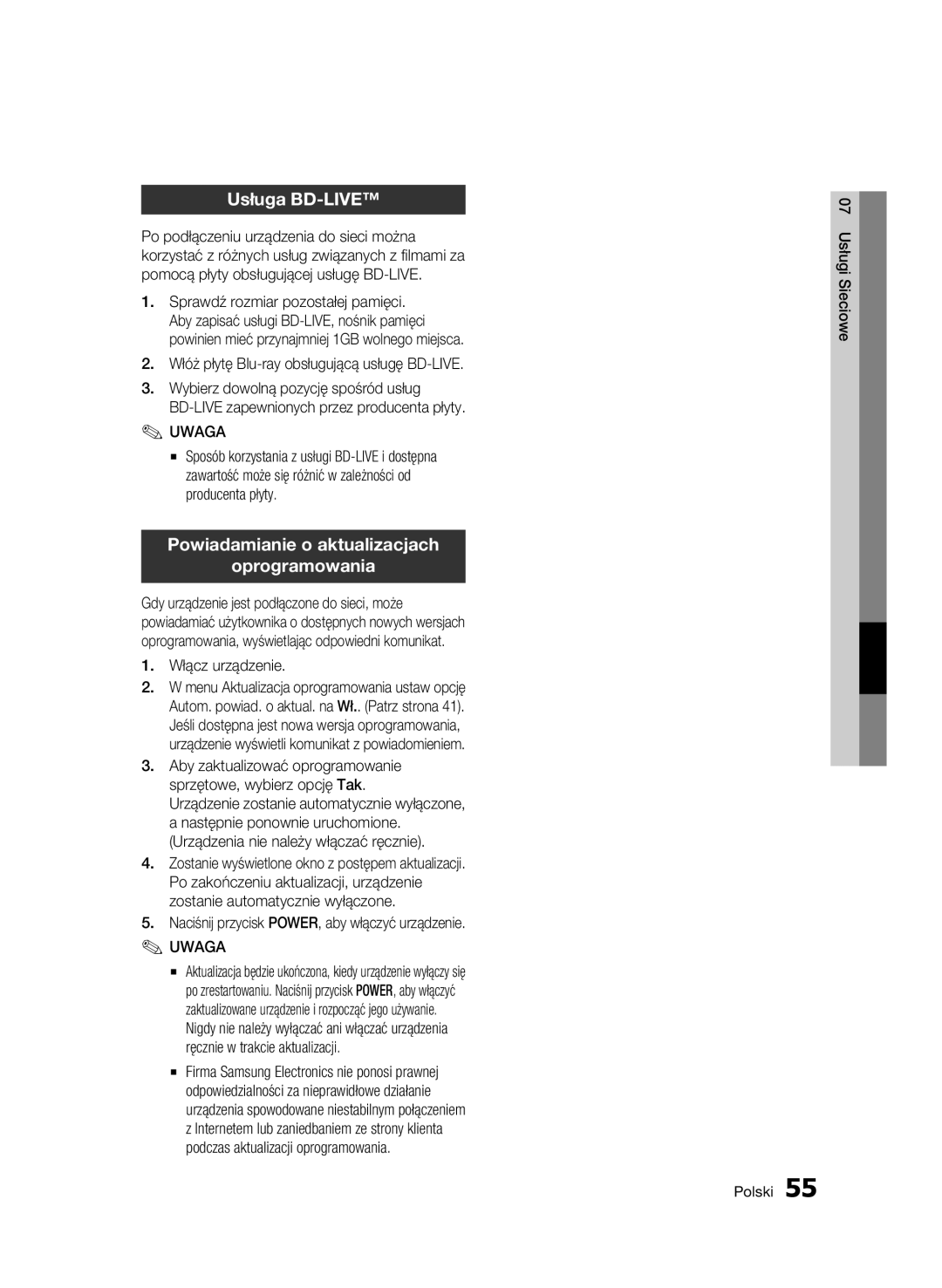 Samsung BD-C5500/XEN, BD-C5500/EDC manual Usługa BD-LIVE, Powiadamianie o aktualizacjach Oprogramowania, Włącz urządzenie 