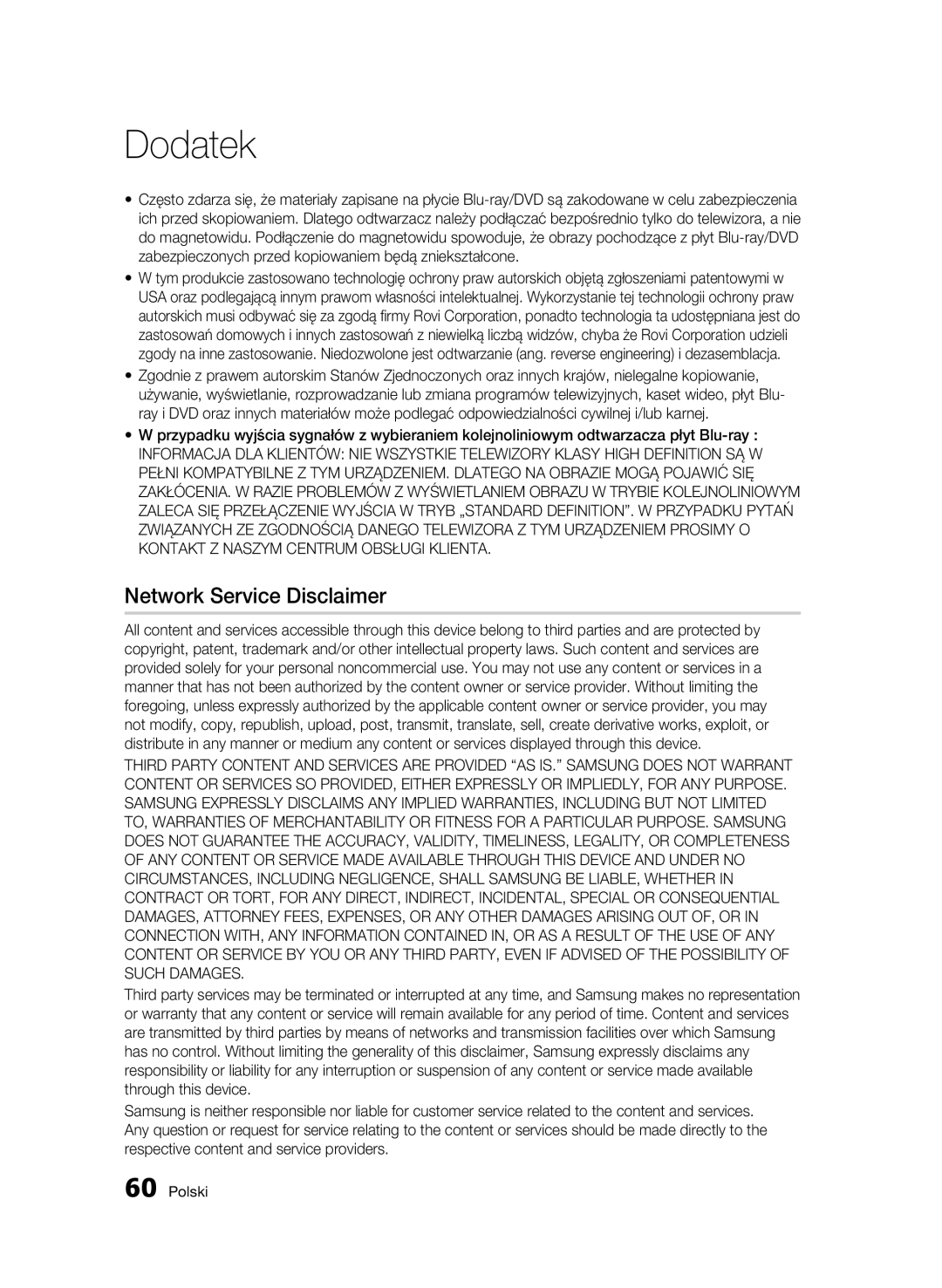 Samsung BD-C5500/XEN, BD-C5500/EDC, BD-C5500/XAA, BD-C5500/XEF, BD-C5500/XEE manual Network Service Disclaimer 