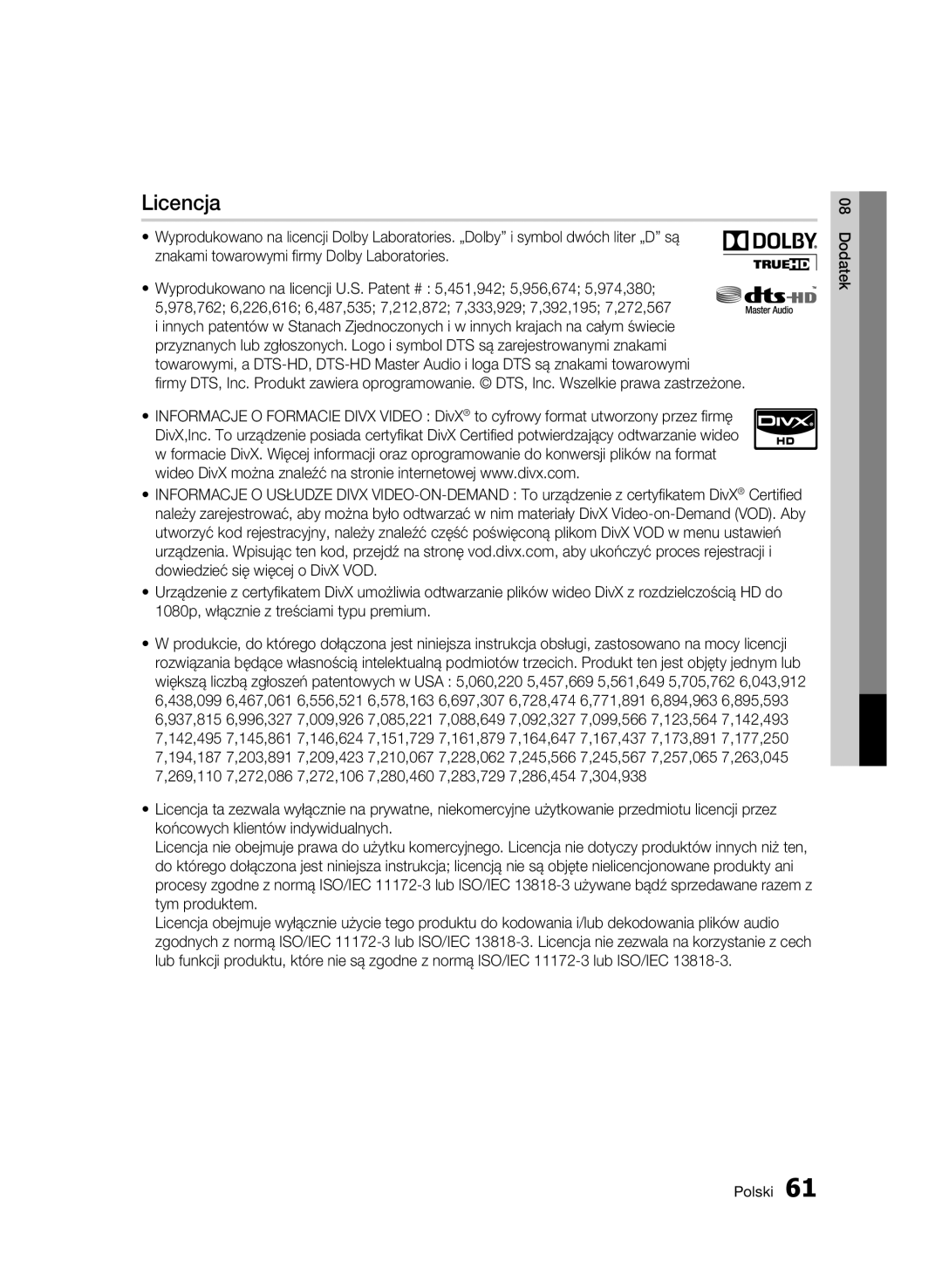 Samsung BD-C5500/EDC, BD-C5500/XEN, BD-C5500/XAA, BD-C5500/XEF, BD-C5500/XEE manual Licencja 