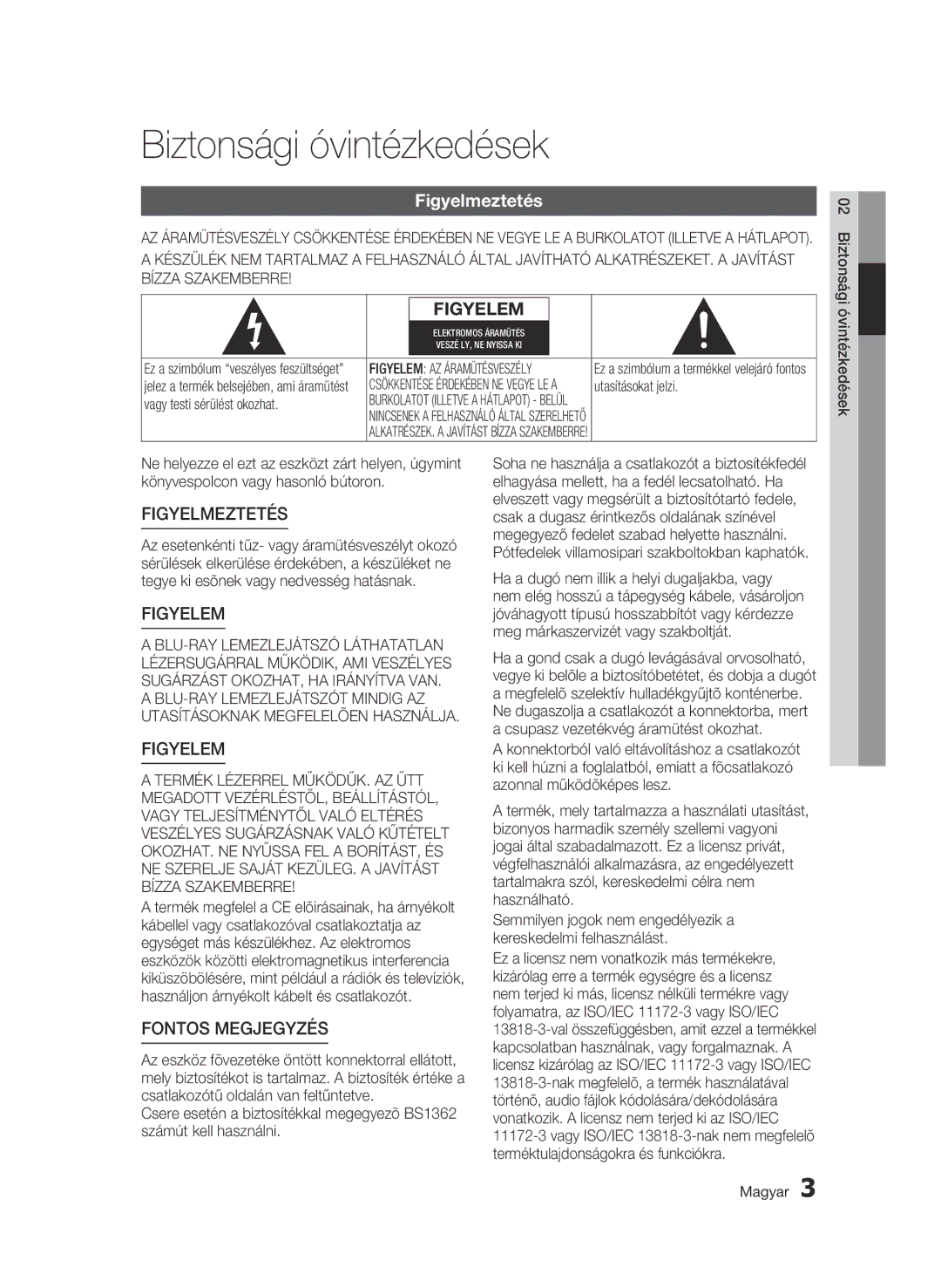 Samsung BD-C5500/EDC, BD-C5500/XEN, BD-C5500/XAA, BD-C5500/XEF, BD-C5500/XEE manual Biztonsági óvintézkedések, Figyelmeztetés 