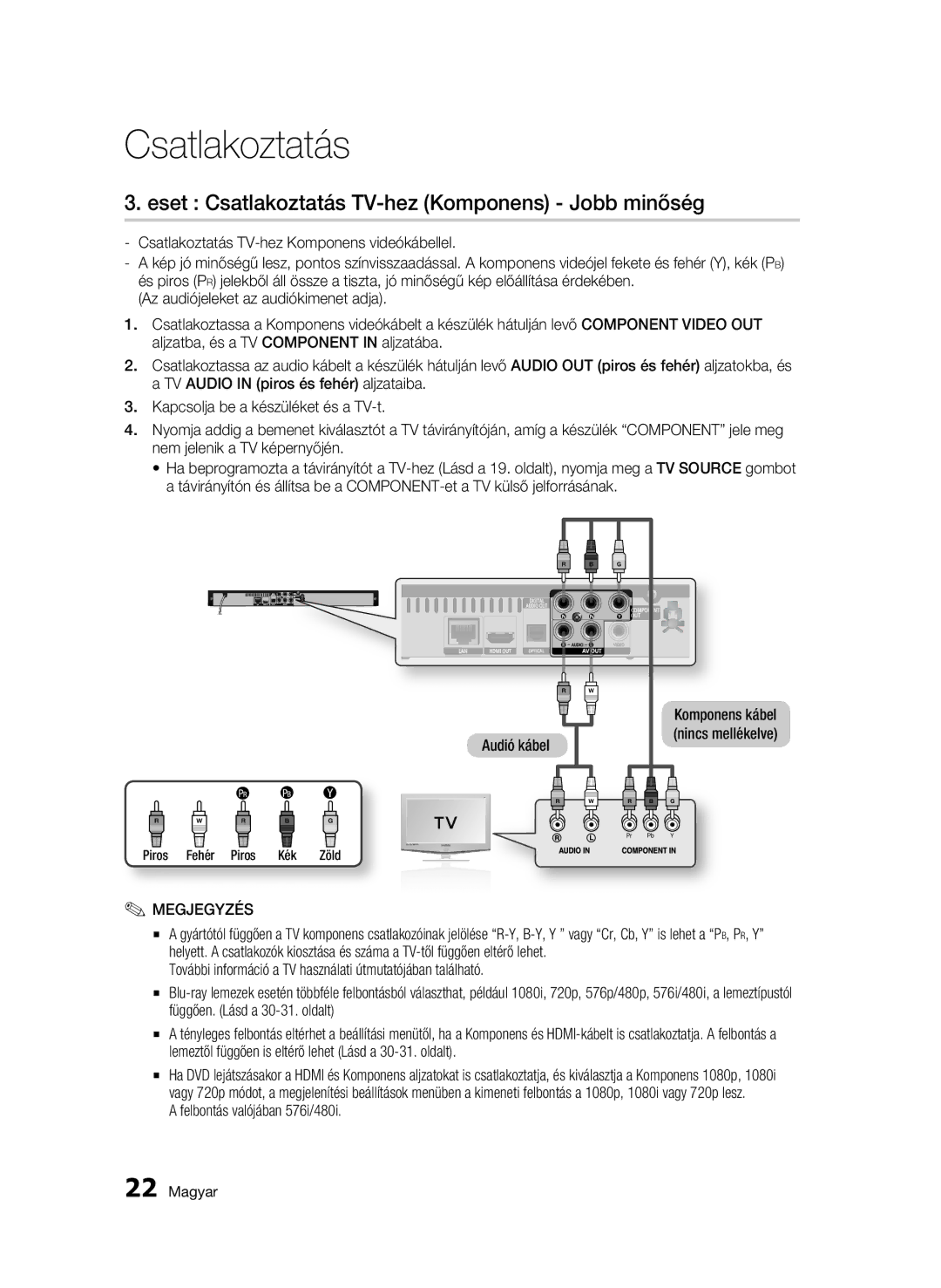 Samsung BD-C5500/XEN, BD-C5500/EDC manual Eset Csatlakoztatás TV-hez Komponens Jobb minőség, Felbontás valójában 576i/480i 