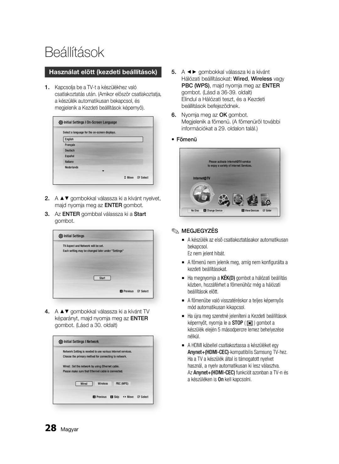 Samsung BD-C5500/EDC Beállítások, Használat előtt kezdeti beállítások, Az Enter gombbal válassza ki a Start gombot, Főmenü 