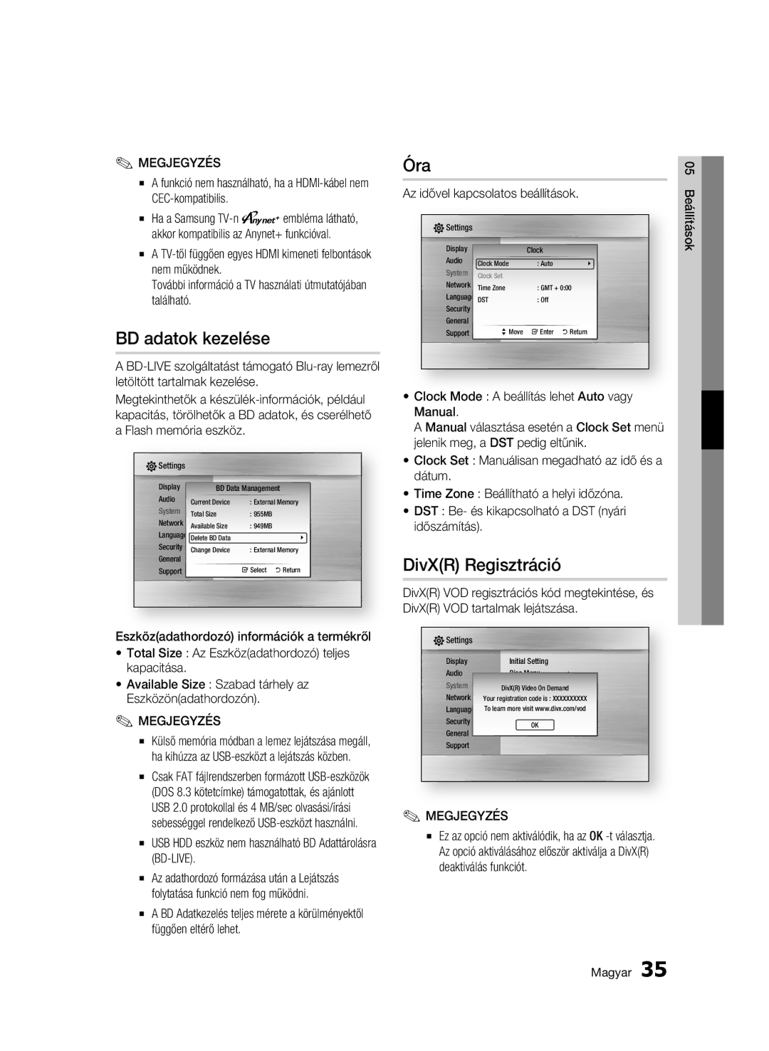 Samsung BD-C5500/XEF, BD-C5500/XEN, BD-C5500/EDC, BD-C5500/XAA, BD-C5500/XEE manual BD adatok kezelése, Óra, DivXR Regisztráció 