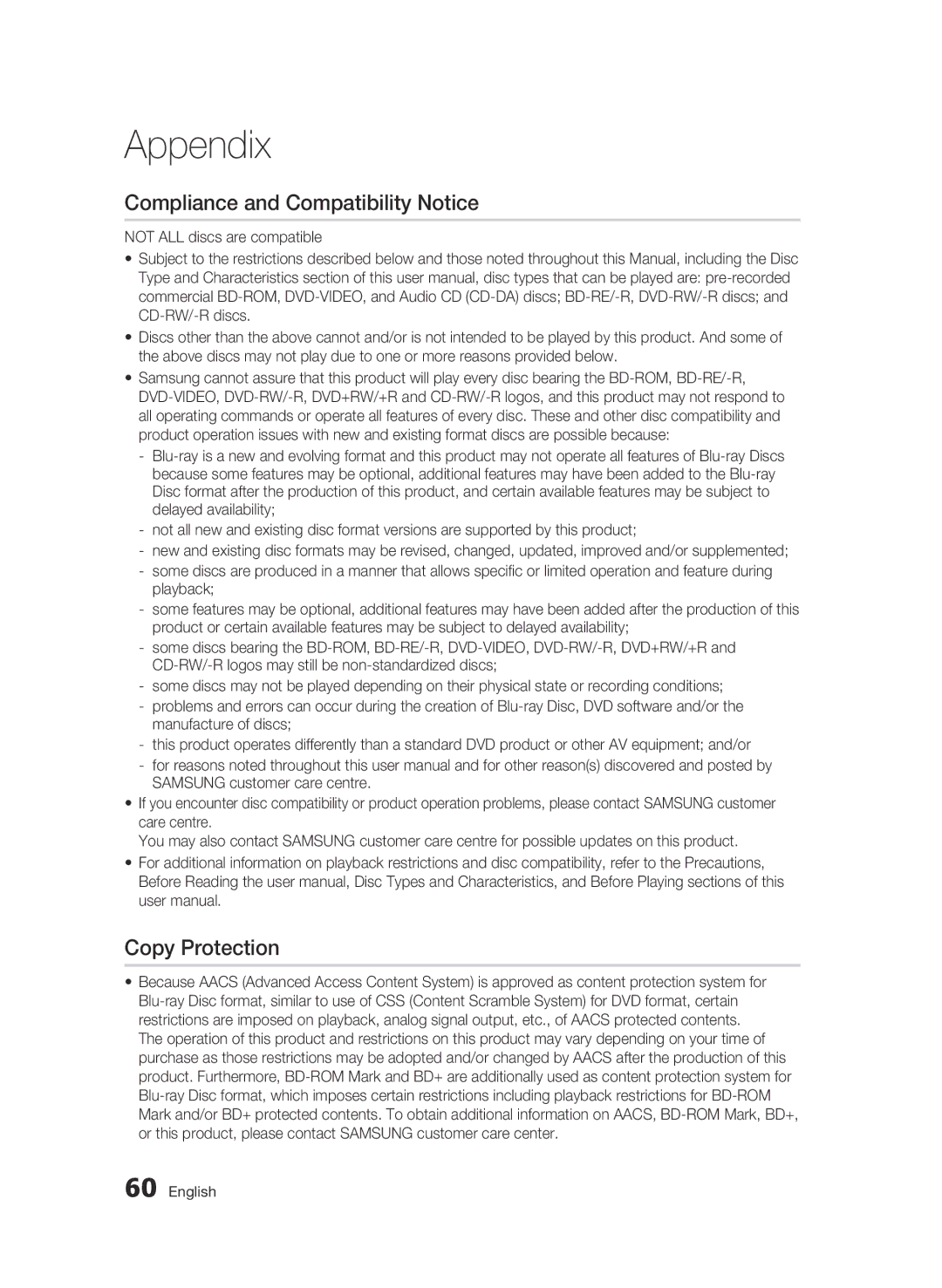 Samsung BD-C5500/XEN, BD-C5500/EDC, BD-C5500/XAA, BD-C5500/XEF manual Compliance and Compatibility Notice, Copy Protection 