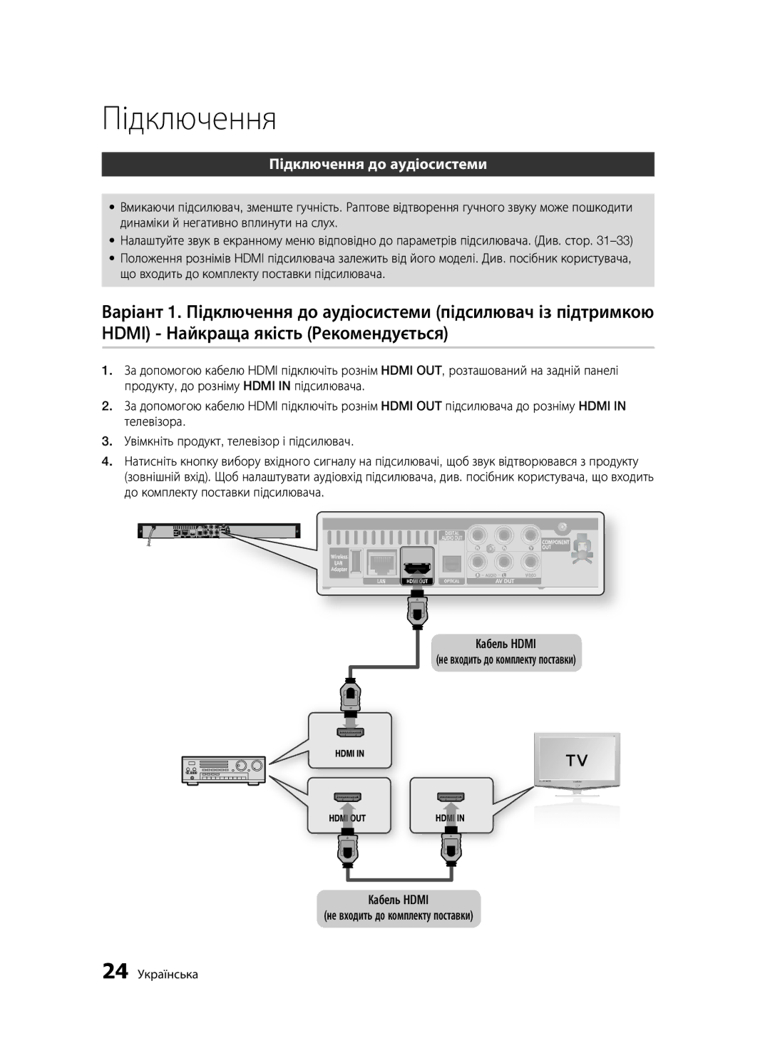 Samsung BD-C5500P/XER, BD-C5500/XER manual Підключення до аудіосистеми, 24 Українська 