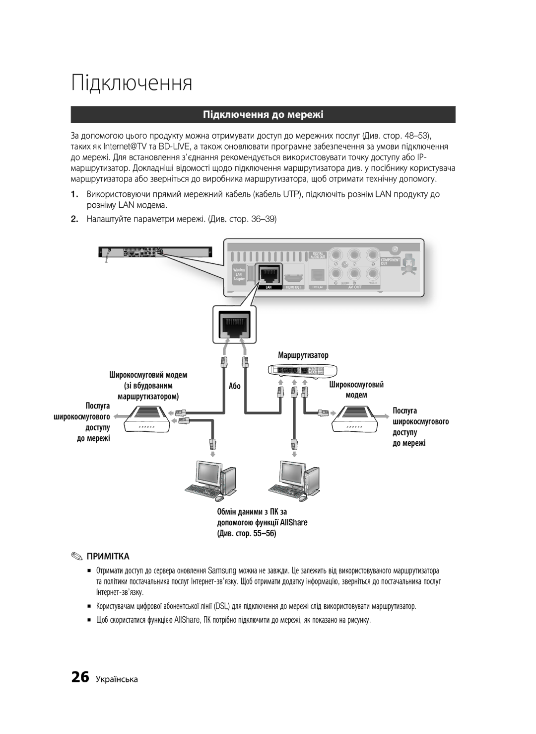 Samsung BD-C5500P/XER, BD-C5500/XER manual Підключення до мережі 