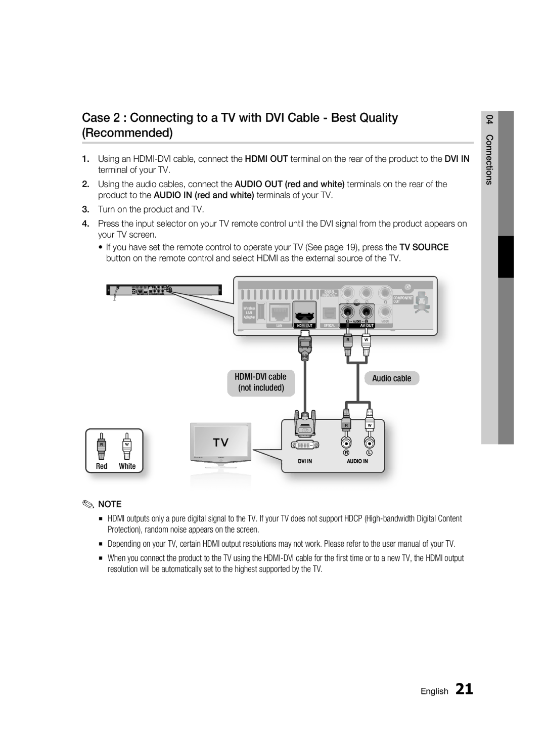 Samsung BD-C5500P/XER, BD-C5500/XER manual Audio cable, Connections, Red White, HDMI-DVI cable not included 