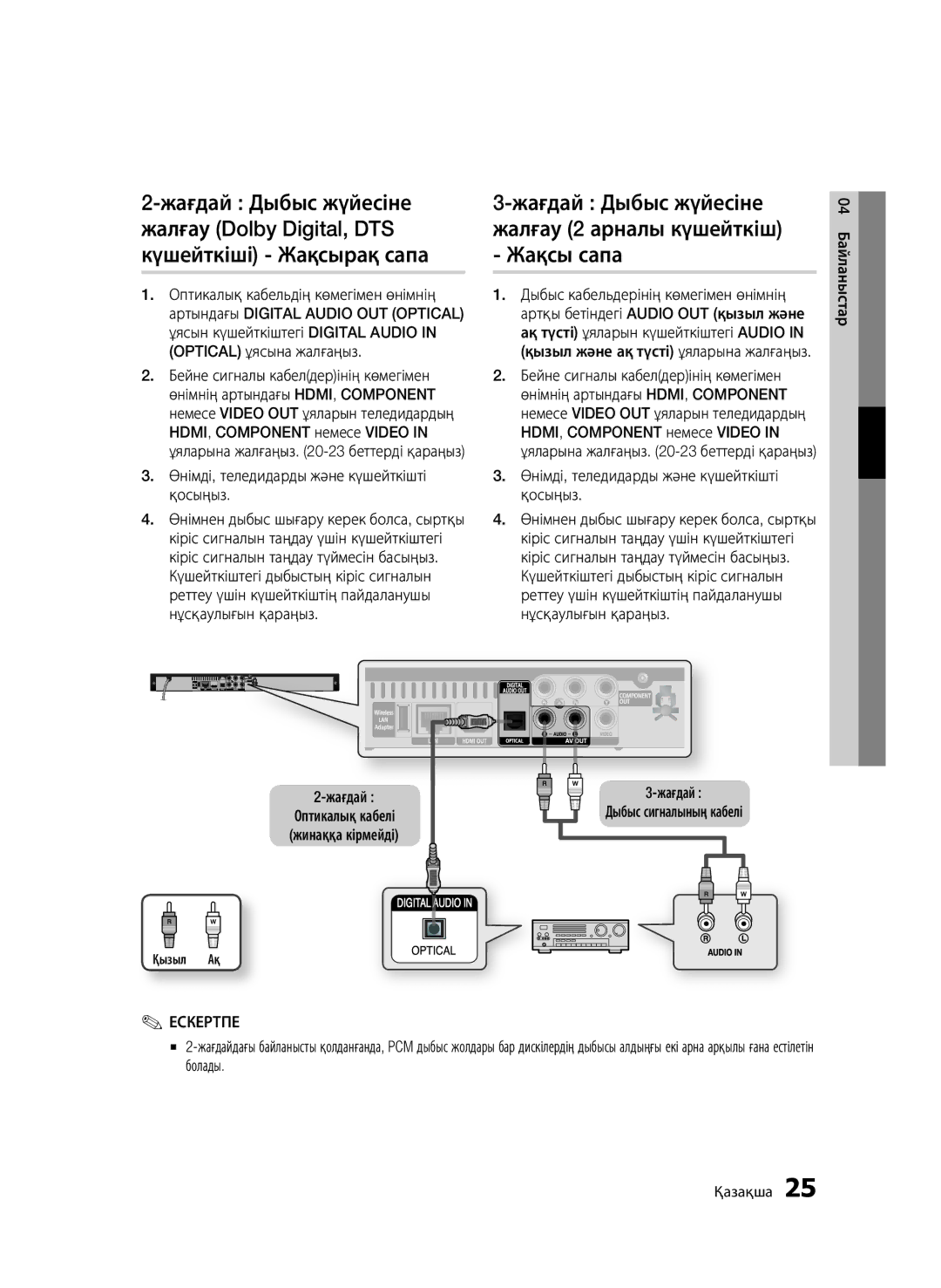 Samsung BD-C5500P/XER manual Жағдай Дыбыс жүйесіне жалғау 2 арналы күшейткіш Жақсы сапа, Жағдай Дыбыс сигналының кабелі 