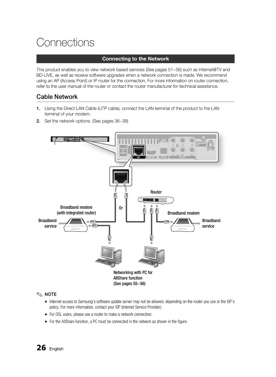 Samsung BD-C5500/XER, BD-C5500P/XER manual Cable Network, Connecting to the Network, Service, Broadband 