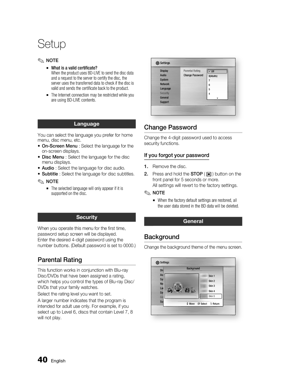 Samsung BD-C5500/XER, BD-C5500P/XER manual Change Password, Background, Parental Rating 