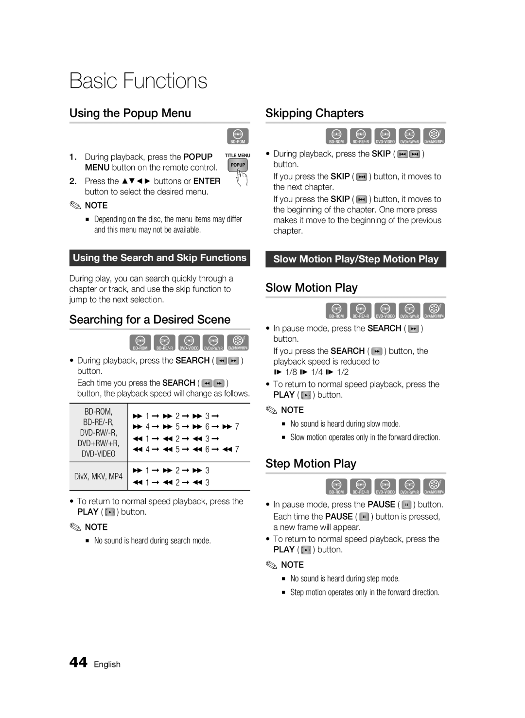 Samsung BD-C5500/XER manual Using the Popup Menu, Skipping Chapters, Searching for a Desired Scene, Slow Motion Play 