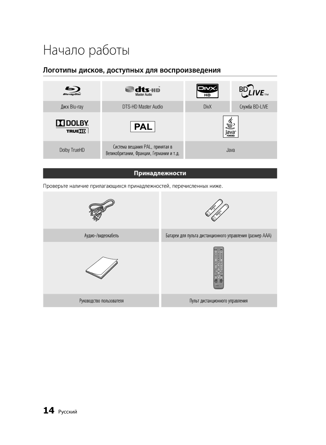 Samsung BD-C5500/XER, BD-C5500P/XER manual Логотипы дисков, доступных для воспроизведения, Принадлежности, 14 Русский 