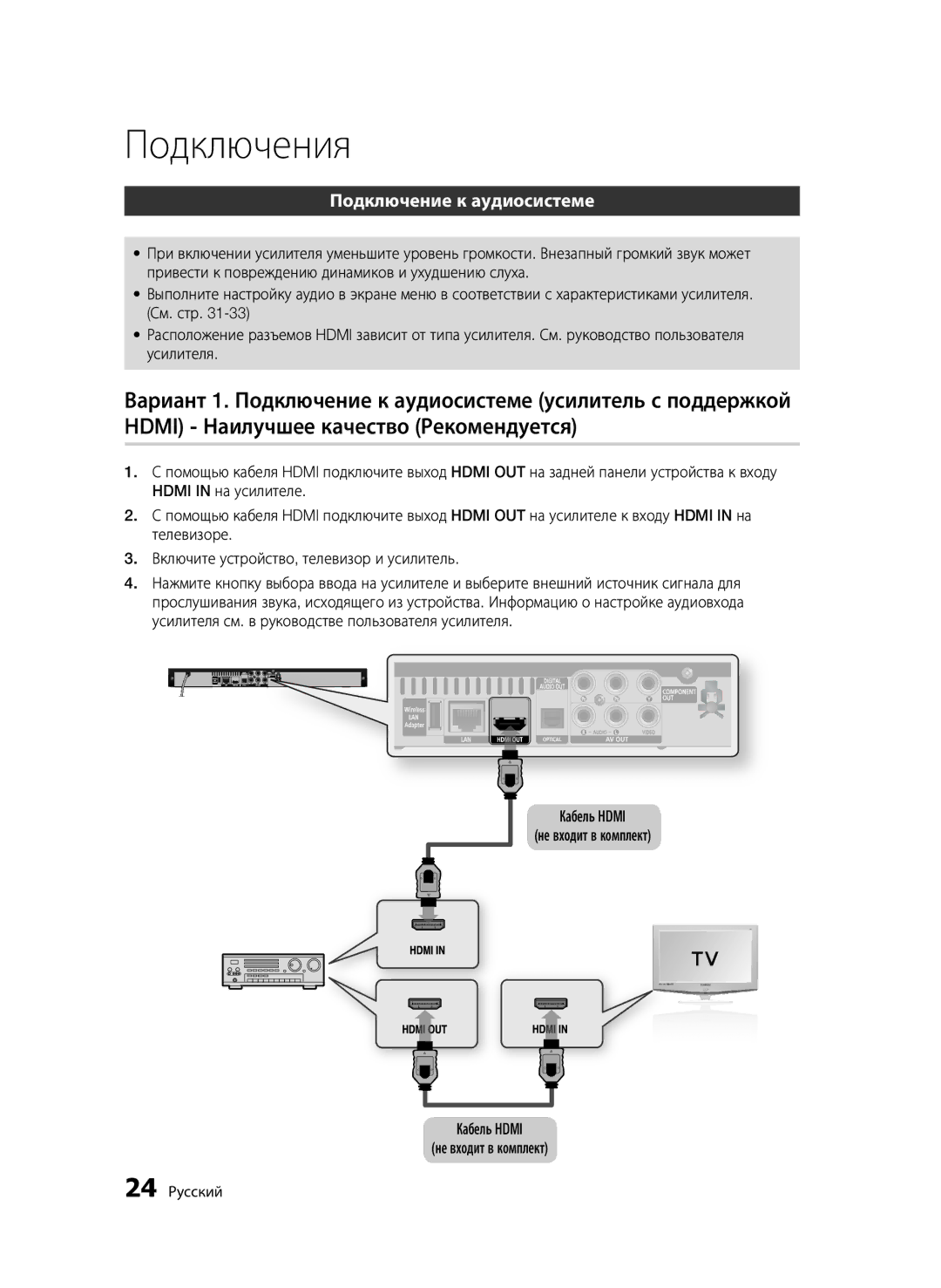 Samsung BD-C5500/XER, BD-C5500P/XER manual Подключение к аудиосистеме, Кабель Hdmi Не входит в комплект, 24 Русский 