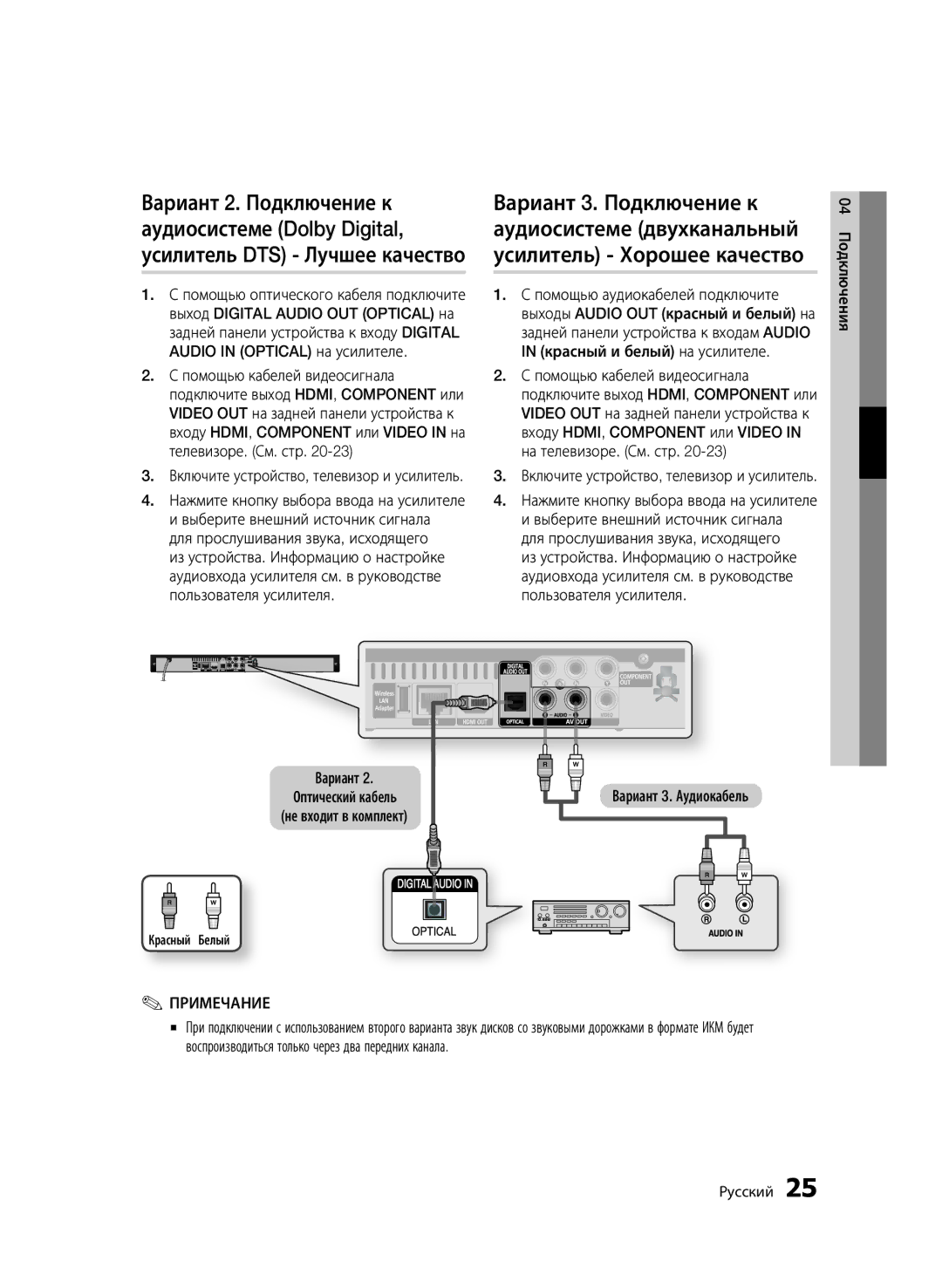 Samsung BD-C5500P/XER, BD-C5500/XER manual Вариант 3. Аудиокабель, Вариант 2. Оптический кабель не входит в комплект 