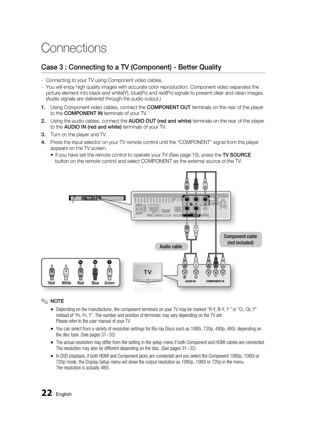 Samsung BD-C5900 user manual Case 3 Connecting to a TV Component Better Quality, Resolution is actually 