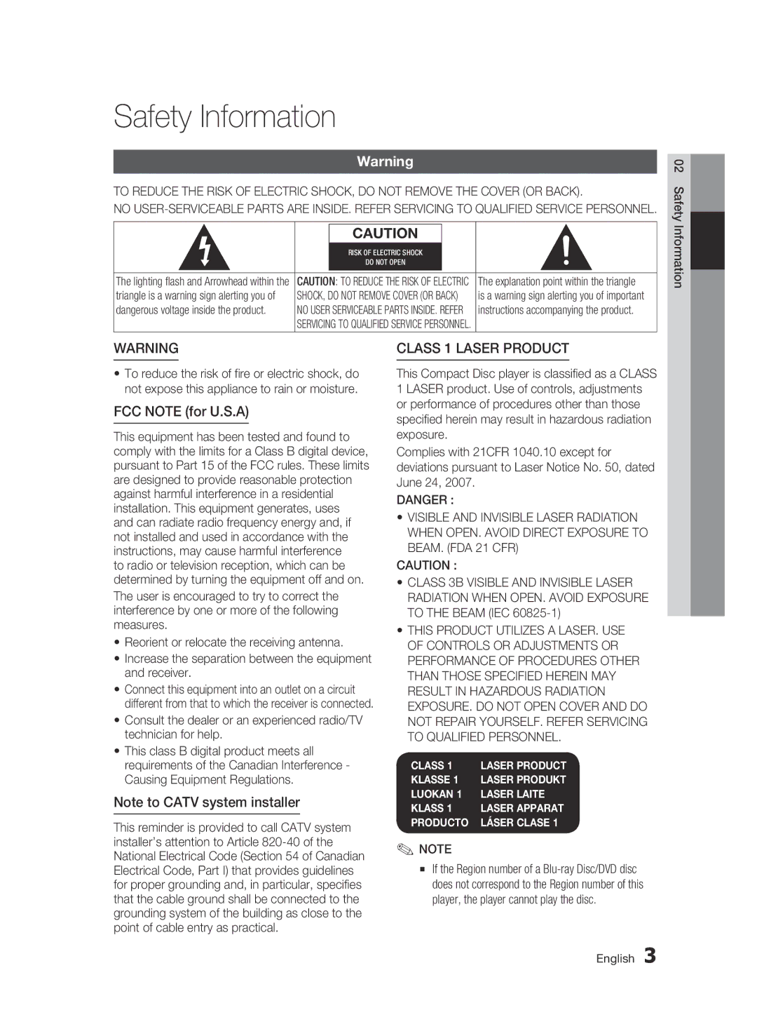 Samsung BD-C5900 user manual Safety Information, Class 1 Laser product, FCC Note for U.S.A 