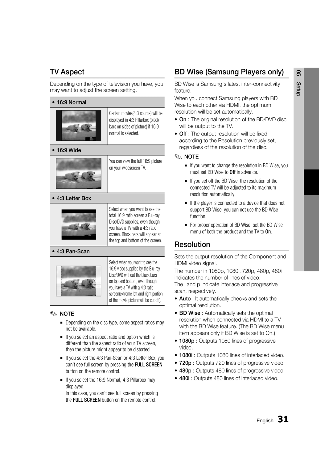 Samsung BD-C5900 user manual TV Aspect, BD Wise Samsung Players only, Resolution 