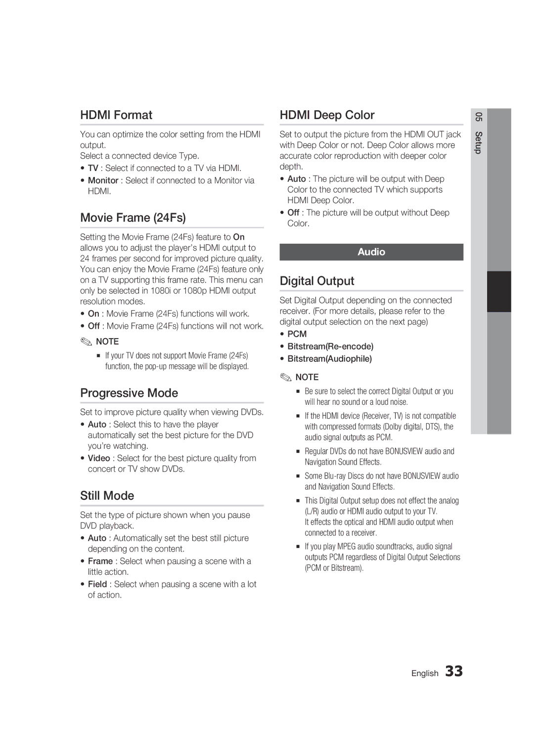 Samsung BD-C5900 user manual Hdmi Format, Movie Frame 24Fs, Progressive Mode, Still Mode, Hdmi Deep Color, Digital Output 