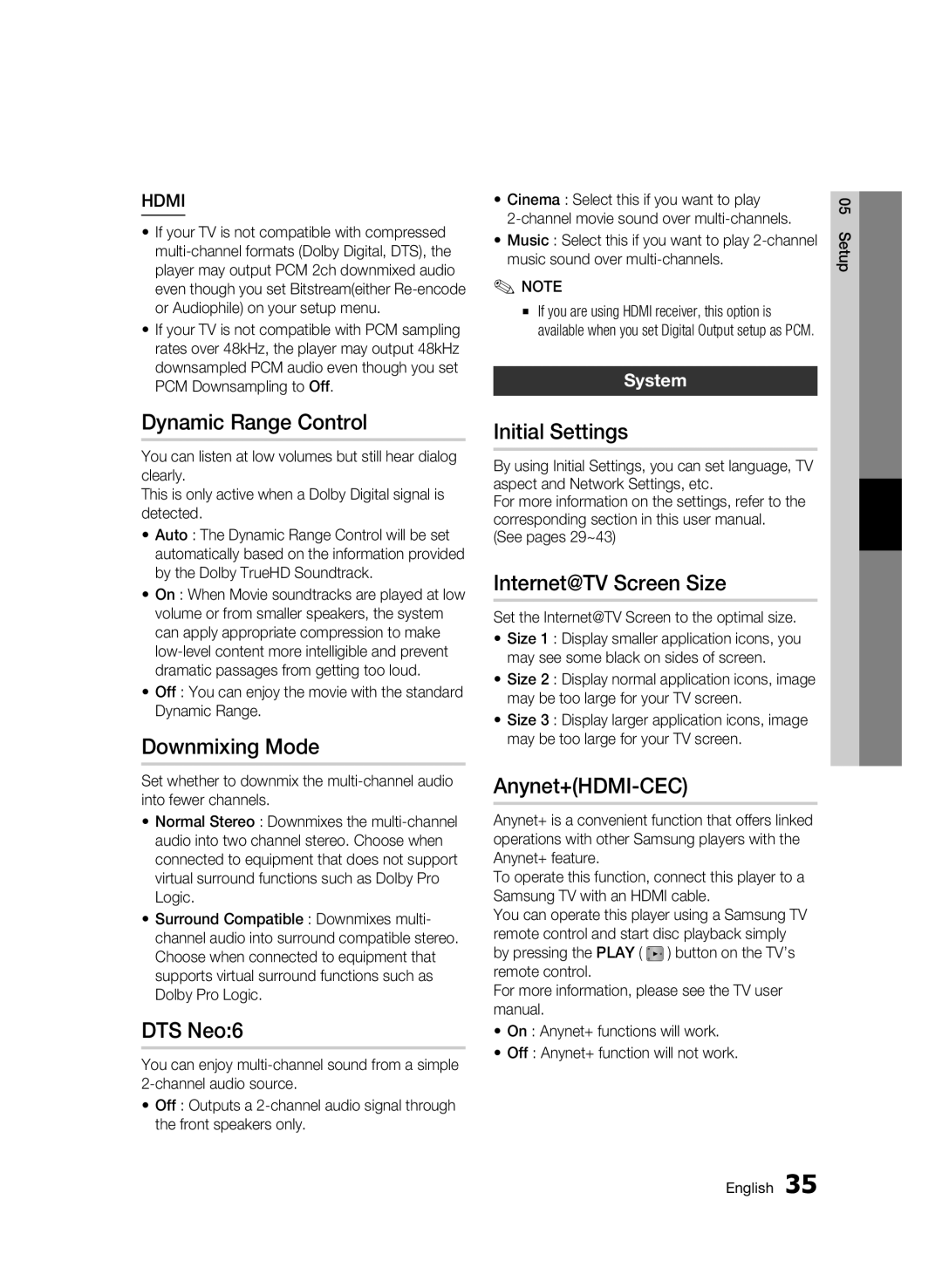 Samsung BD-C5900 user manual Dynamic Range Control, Downmixing Mode, DTS Neo6, Initial Settings, Internet@TV Screen Size 