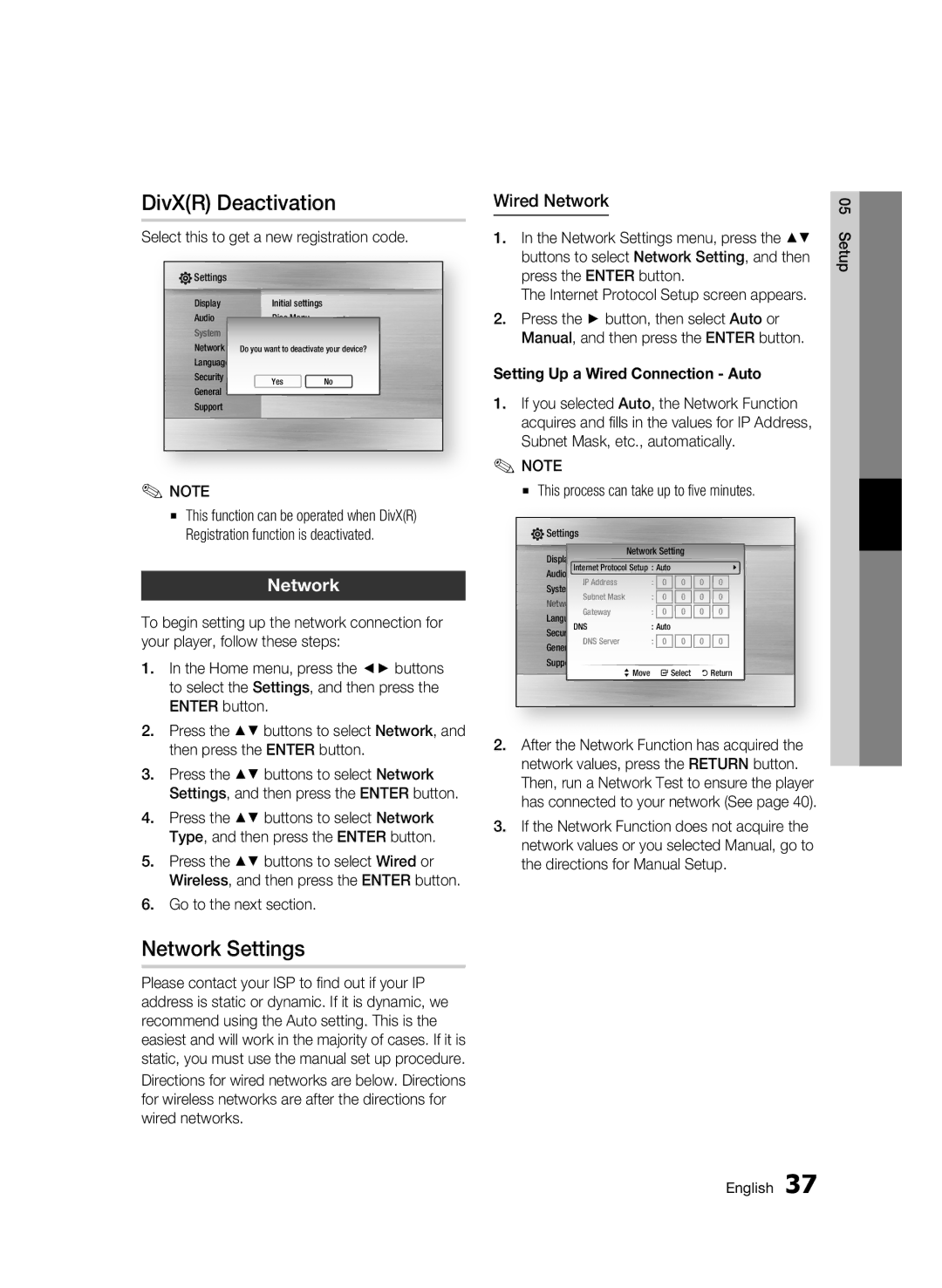 Samsung BD-C5900 user manual DivXR Deactivation, Network Settings, Wired Network 