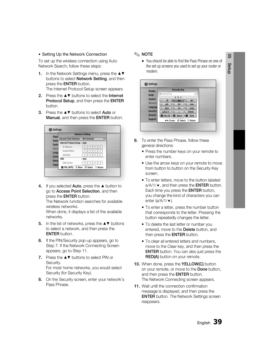 Samsung BD-C5900  Setting Up the Network Connection, Press the Enter button, Press the buttons to select Auto or 