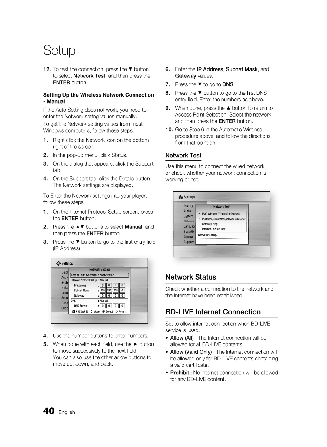 Samsung BD-C5900 Network Status, BD-LIVE Internet Connection, Network Test, Use the number buttons to enter numbers 