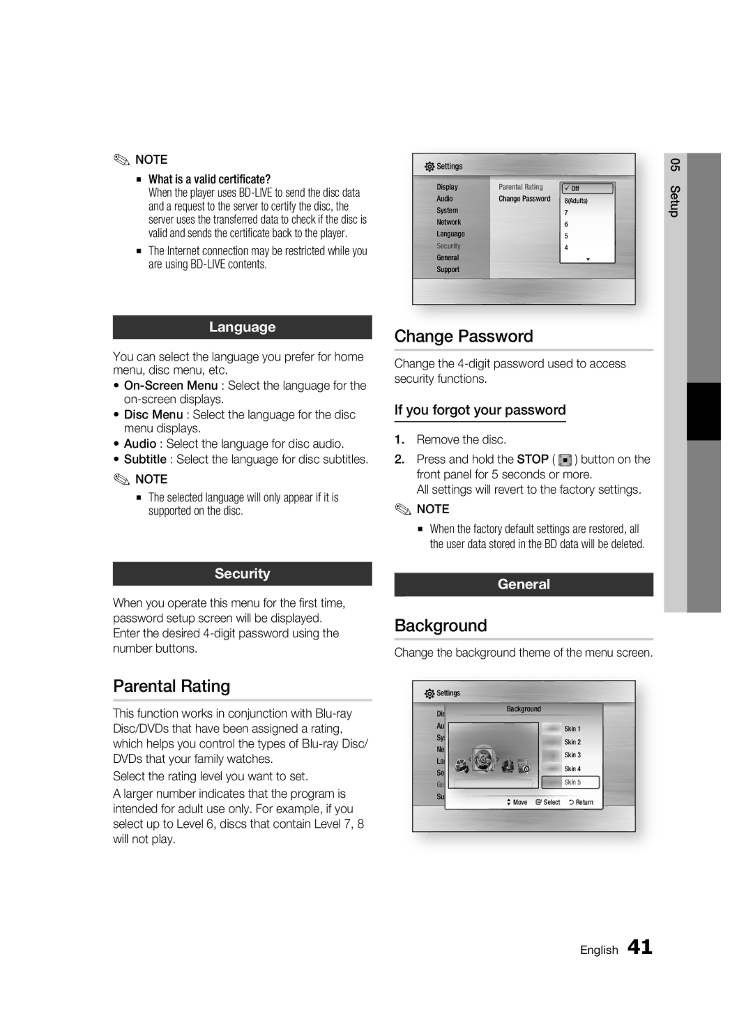 Samsung BD-C5900 user manual Change Password, Background, Parental Rating 