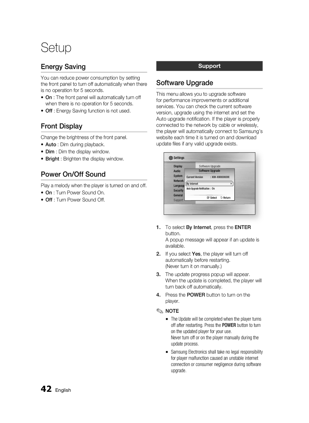 Samsung BD-C5900 user manual Energy Saving, Front Display, Power On/Off Sound, Software Upgrade, Support 