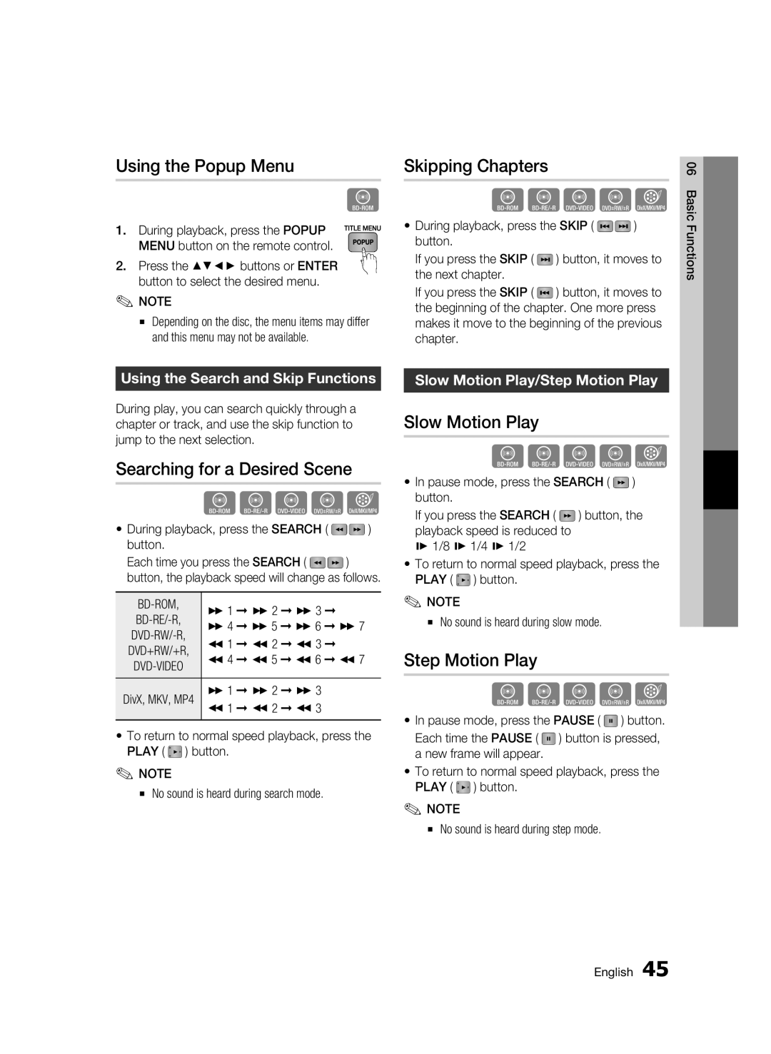 Samsung BD-C5900 user manual Using the Popup Menu, Skipping Chapters, Searching for a Desired Scene, Slow Motion Play 