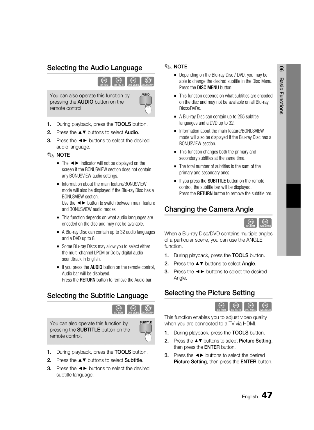 Samsung BD-C5900 user manual Selecting the Audio Language, Selecting the Subtitle Language, Changing the Camera Angle 