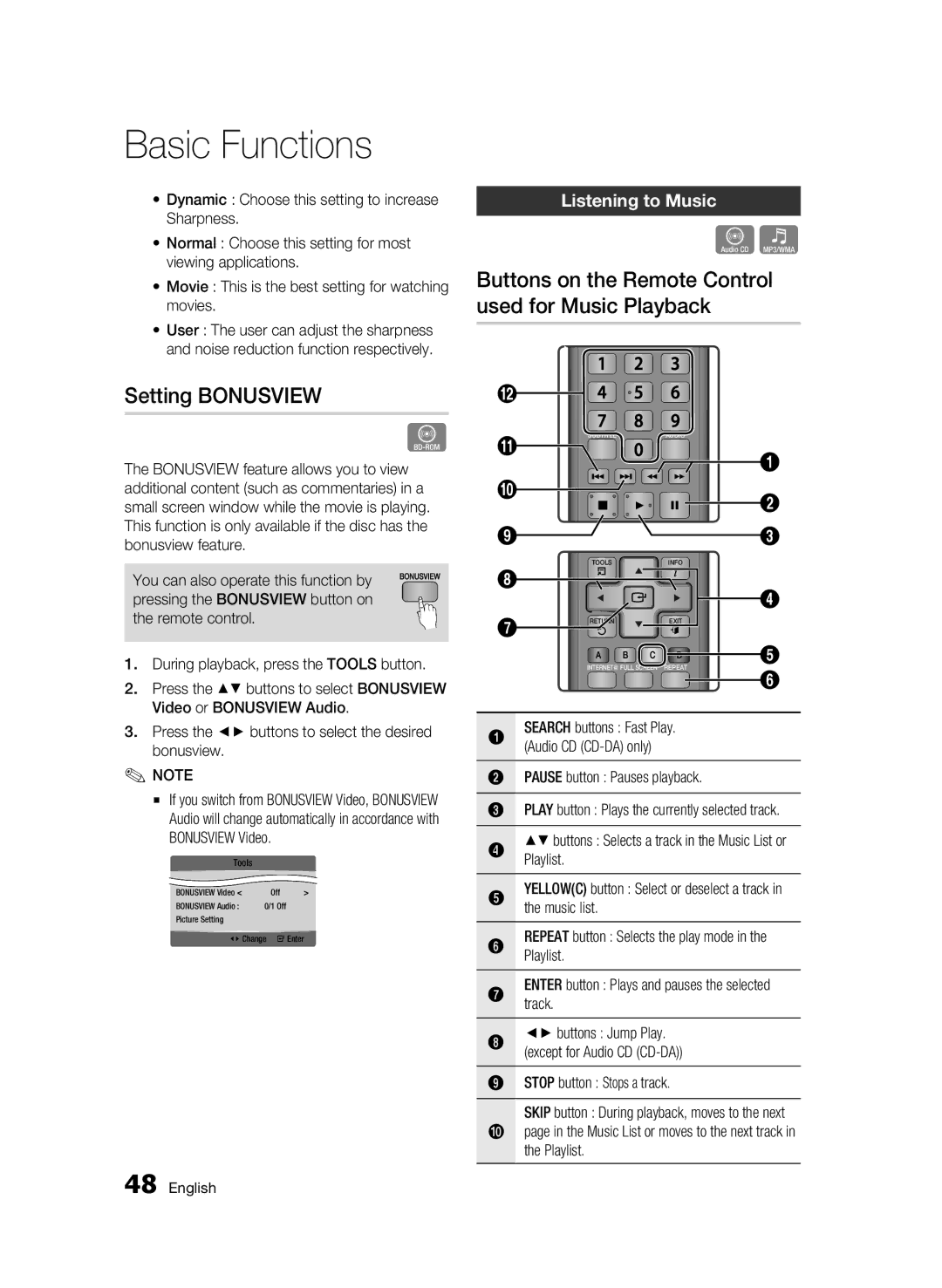 Samsung BD-C5900 user manual Setting Bonusview, Buttons on the Remote Control used for Music Playback, Listening to Music 