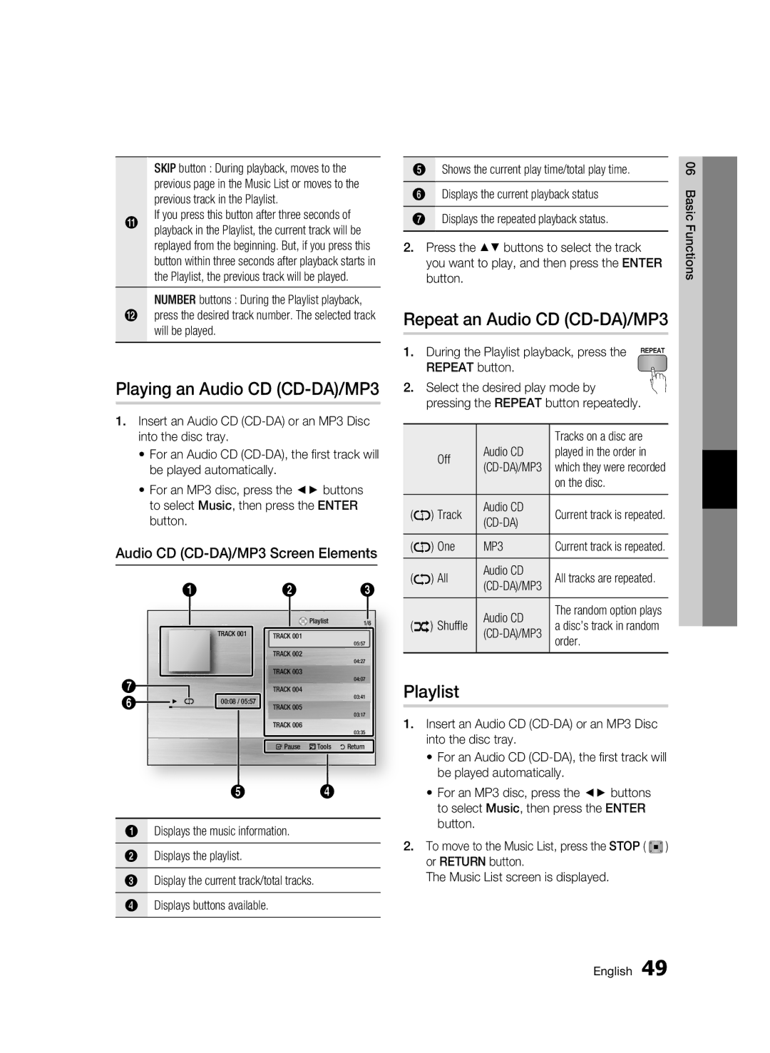 Samsung BD-C5900 Playing an Audio CD CD-DA/MP3, Repeat an Audio CD CD-DA/MP3, Playlist, Audio CD CD-DA/MP3 Screen Elements 