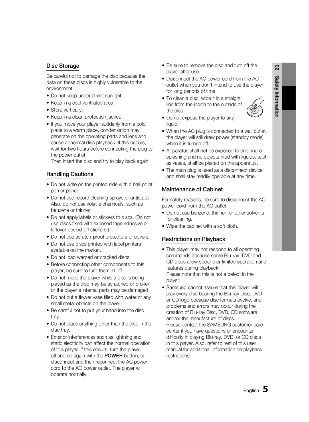 Samsung BD-C5900 user manual Disc Storage, Handling Cautions, Maintenance of Cabinet, Restrictions on Playback 