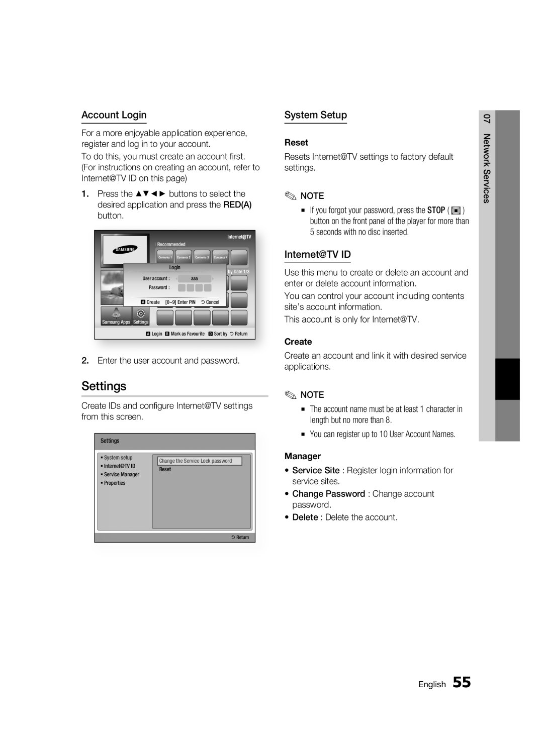 Samsung BD-C5900 user manual Settings, Account Login, System Setup, Internet@TV ID 