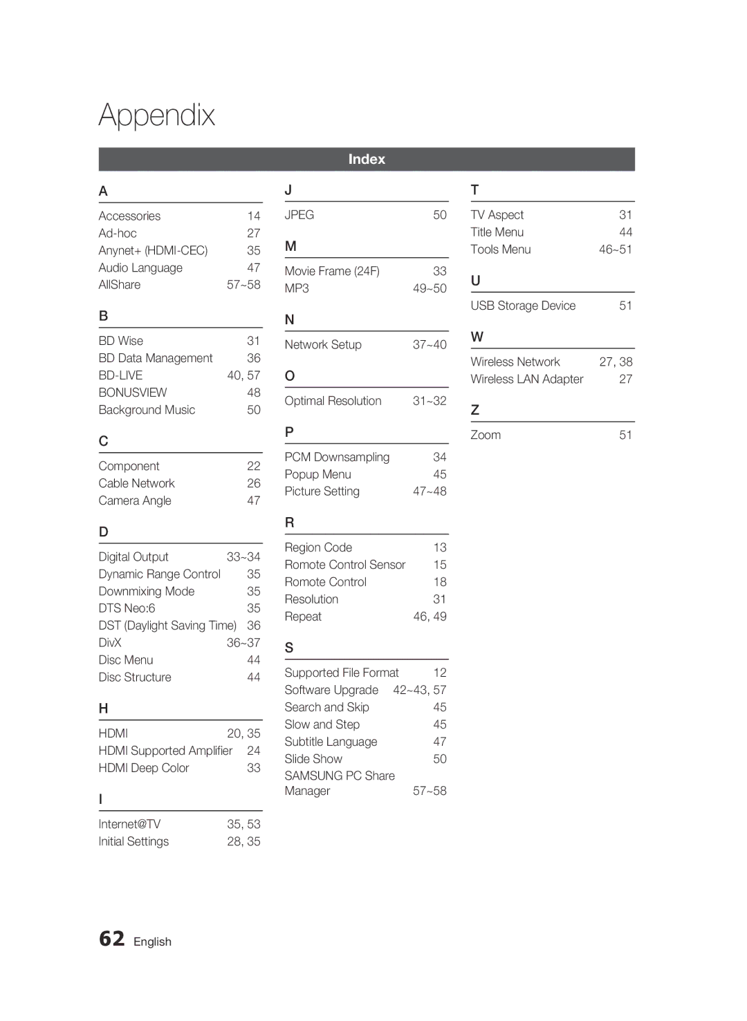 Samsung BD-C5900 user manual Index, Jpeg, Bonusview, Hdmi 