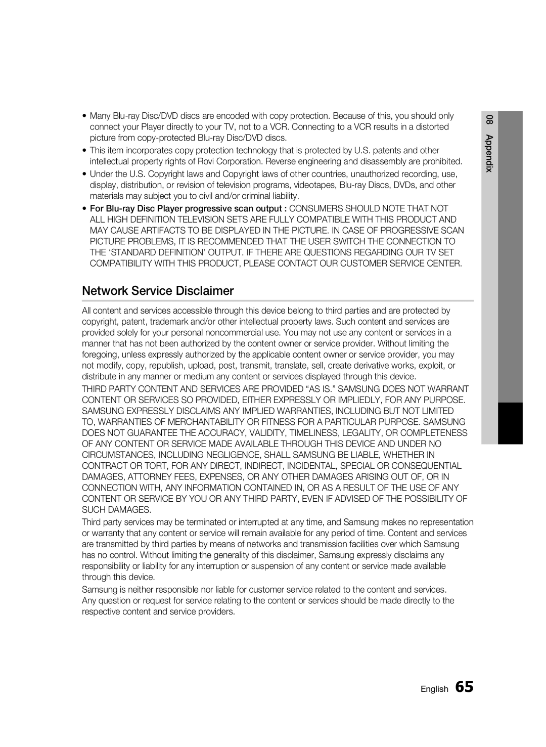 Samsung BD-C5900 user manual Network Service Disclaimer 