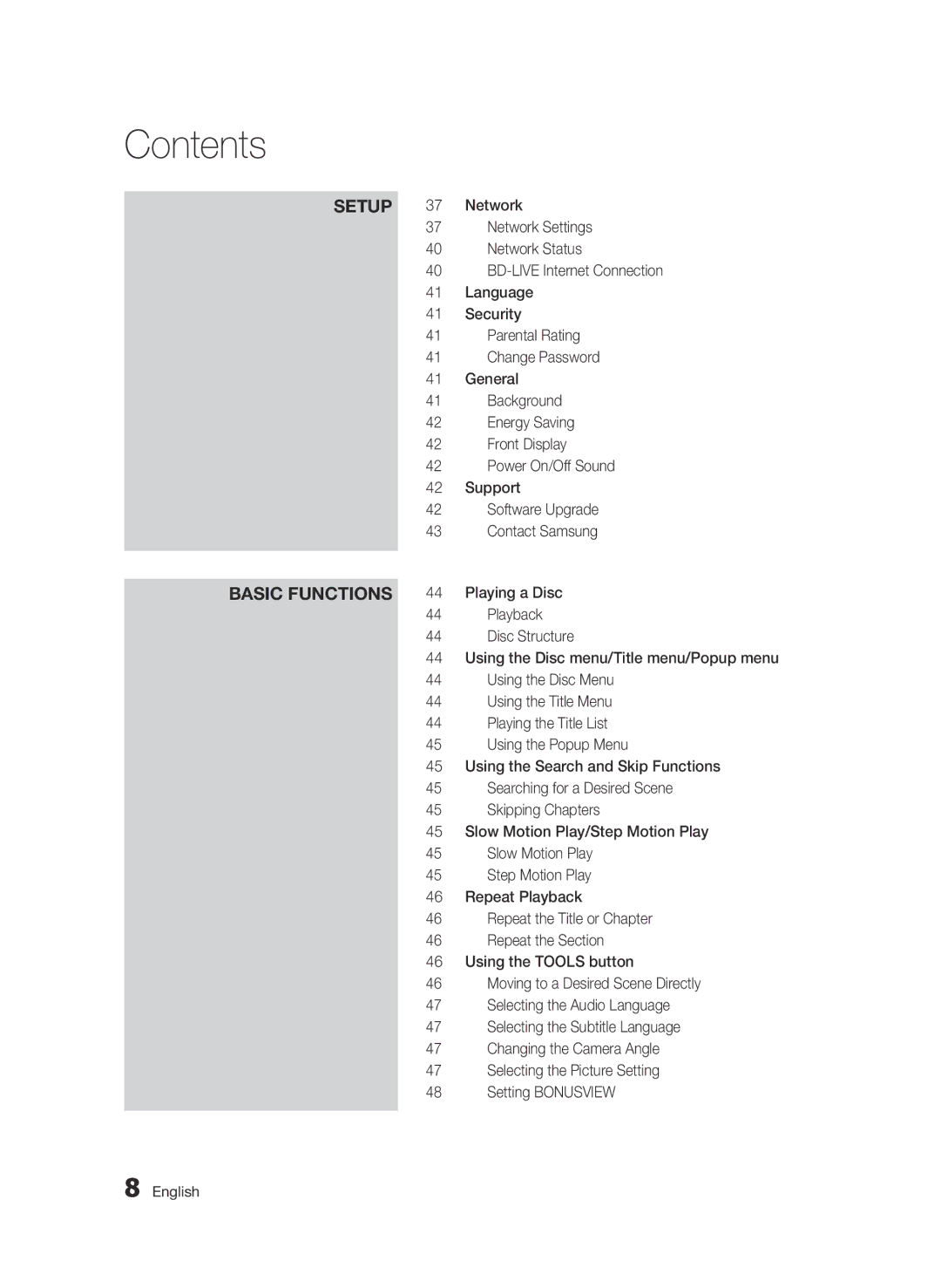 Samsung BD-C5900 Network Settings, Network Status, BD-LIVE Internet Connection, Language, Security, Parental Rating 