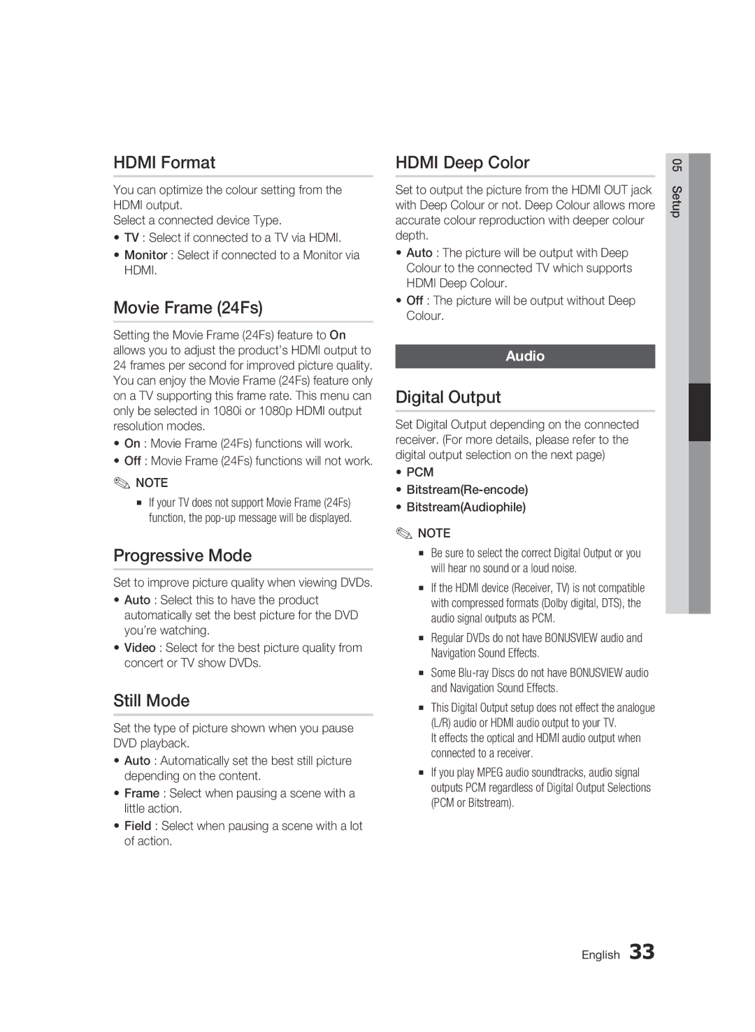 Samsung BD-C5900/XEE manual Hdmi Format, Movie Frame 24Fs, Progressive Mode, Still Mode, Hdmi Deep Color, Digital Output 