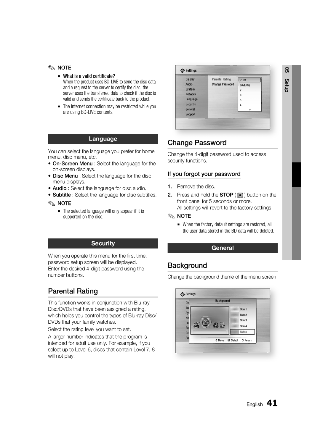 Samsung BD-C5900/XEF, BD-C5900/EDC, BD-C5900/XEE manual Change Password, Background, Parental Rating 