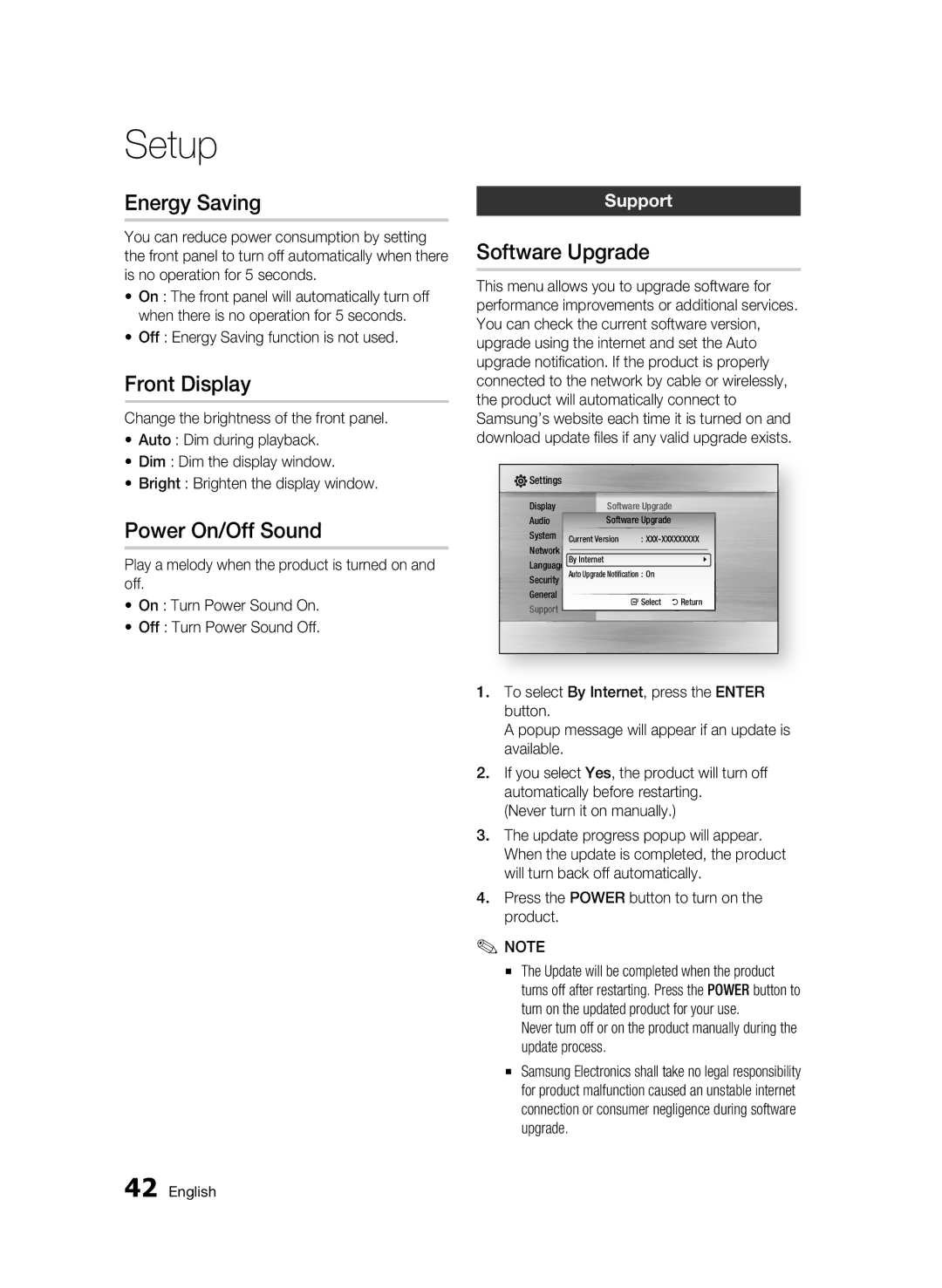 Samsung BD-C5900/XEE, BD-C5900/EDC manual Energy Saving, Front Display, Power On/Off Sound, Software Upgrade, Support 