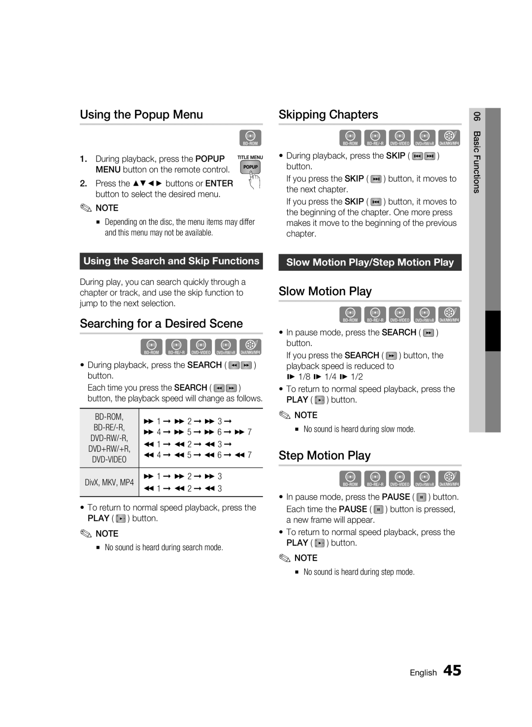 Samsung BD-C5900/XEE manual Using the Popup Menu, Skipping Chapters, Searching for a Desired Scene, Slow Motion Play 