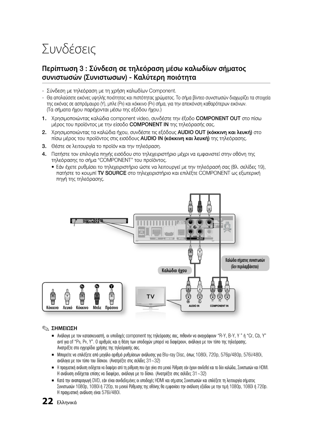 Samsung BD-C5900/XEF Σύνδεση με τηλεόραση με τη χρήση καλωδίων Component, Πραγματική ανάλυση είναι 576i/480i, 22 Ελληνικά 
