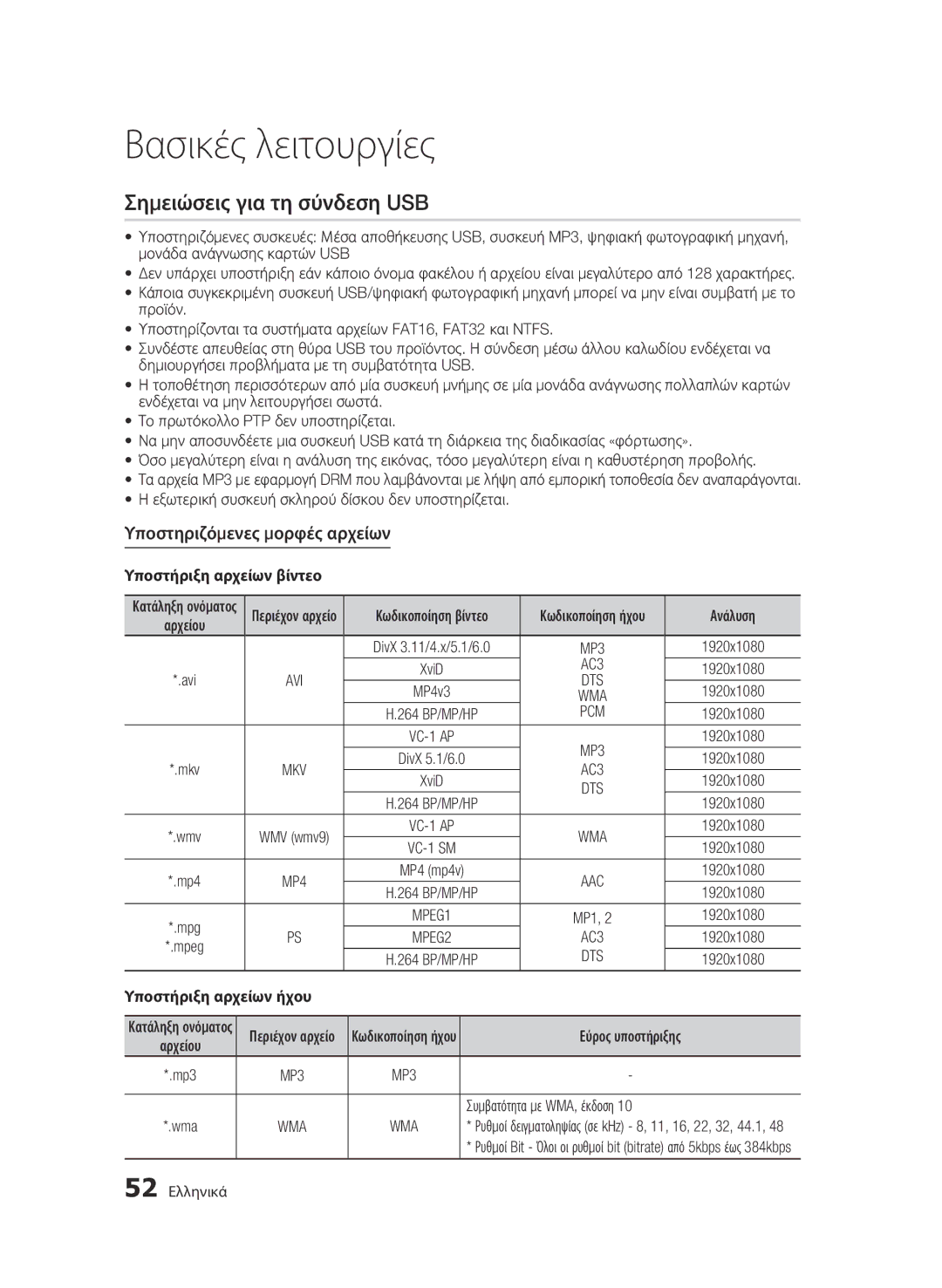 Samsung BD-C5900/XEF manual Σημειώσεις για τη σύνδεση USB, Υποστηριζόμενες μορφές αρχείων, Υποστήριξη αρχείων βίντεο 