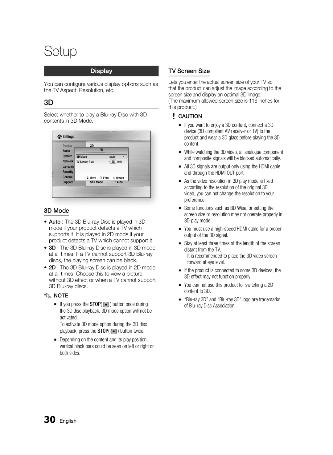 Samsung BD-C5900/XEE, BD-C5900/EDC, BD-C5900/XEF manual Display, 3D Mode, TV Screen Size, Activated 