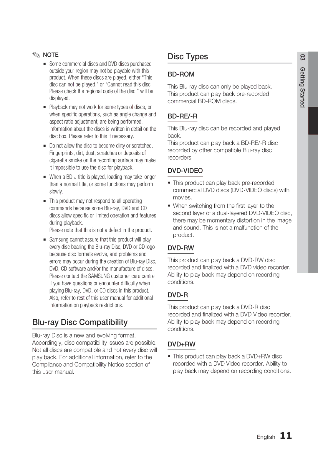 Samsung BD-C5900/XEE, BD-C5900/EDC, BD-C5900/XEF manual Blu-ray Disc Compatibility Disc Types, Bd-Rom 