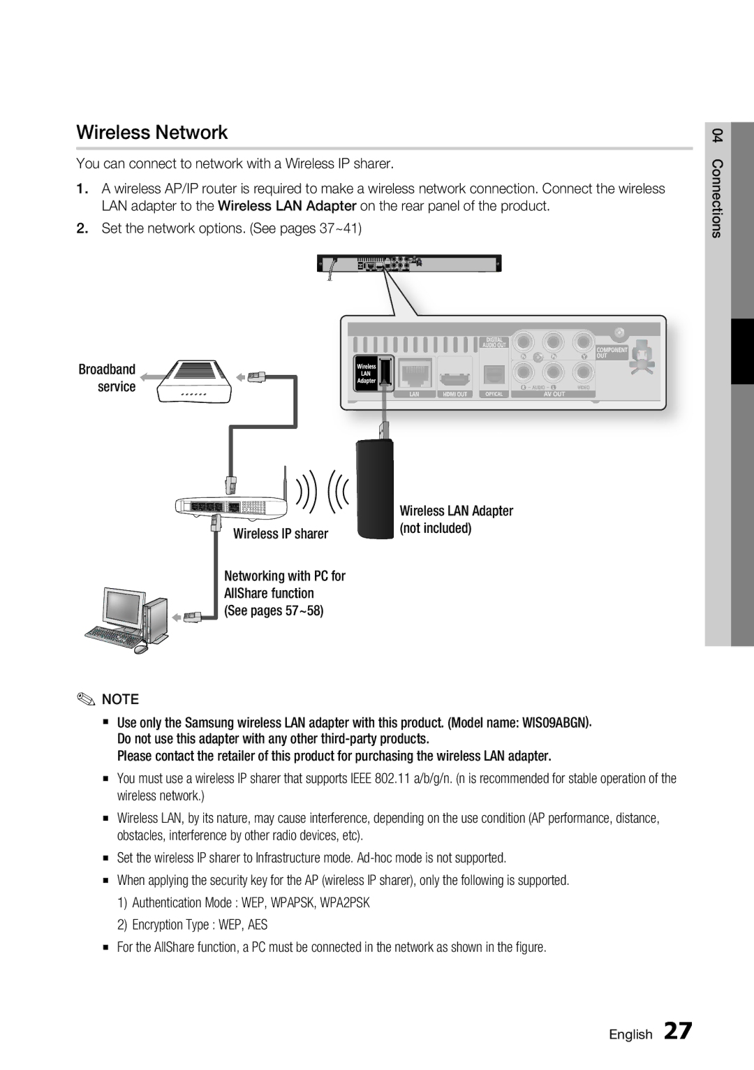 Samsung BD-C5900/EDC, BD-C5900/XEF, BD-C5900/XEE Wireless Network, You can connect to network with a Wireless IP sharer 