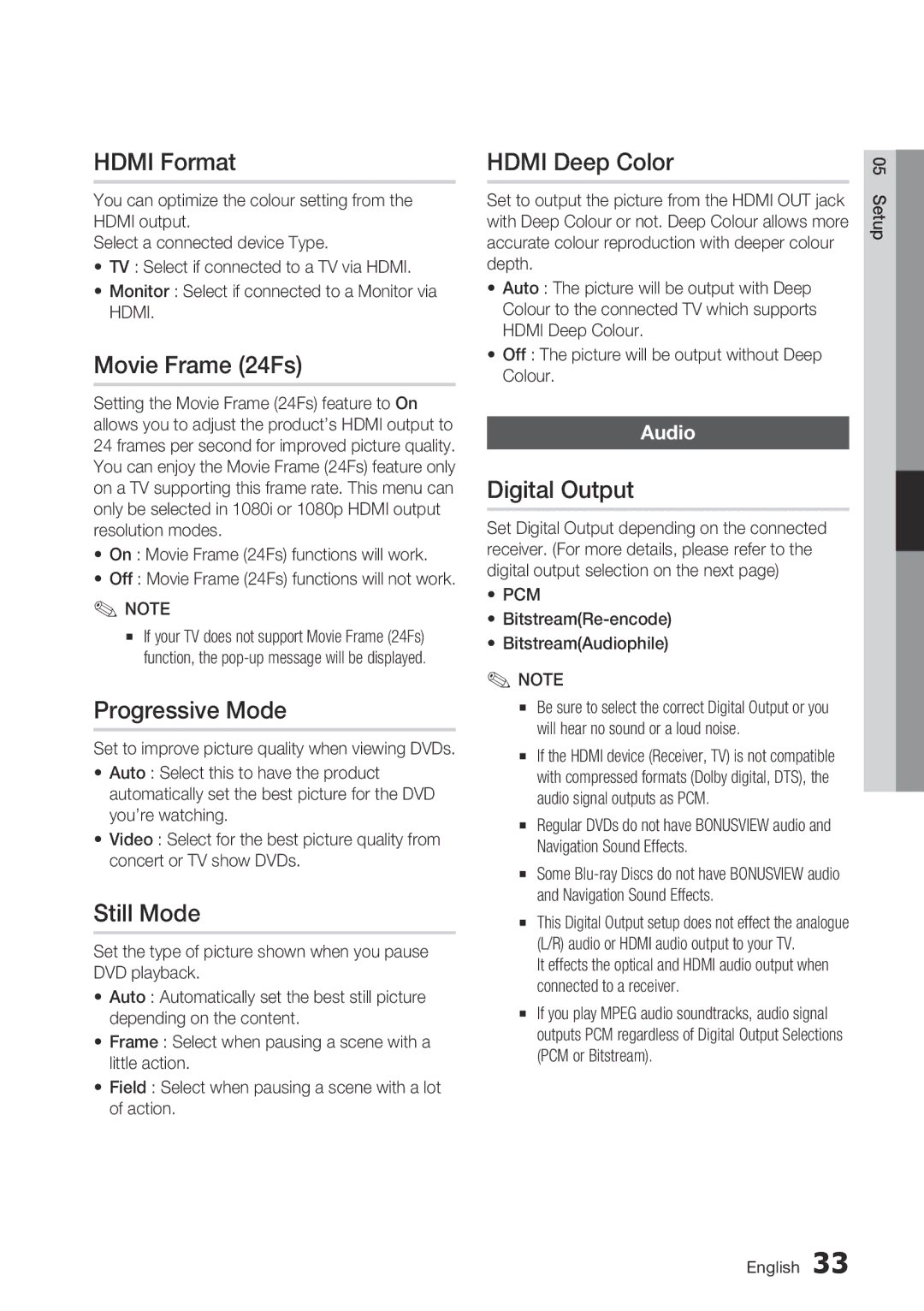 Samsung BD-C5900/EDC manual Hdmi Format, Movie Frame 24Fs, Progressive Mode, Still Mode, Hdmi Deep Color, Digital Output 