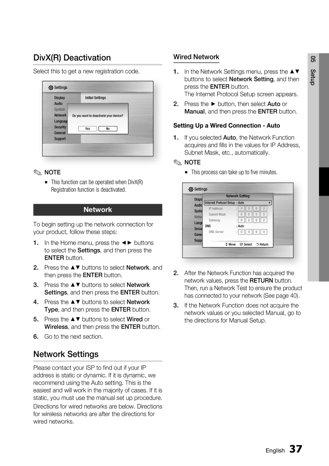 Samsung BD-C5900/XEF, BD-C5900/EDC, BD-C5900/XEE manual DivXR Deactivation, Network Settings, Wired Network 